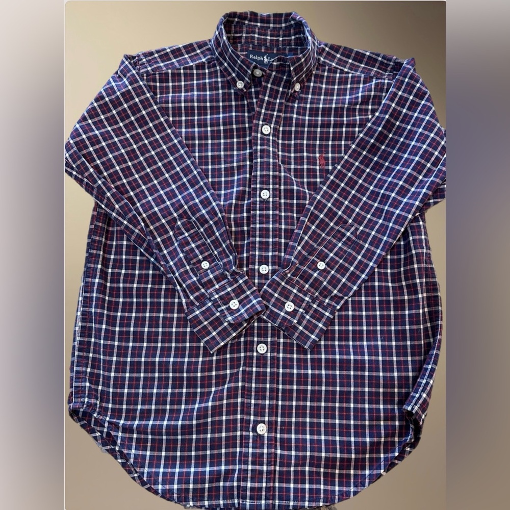 Polo Ralph Lauren Boys Classic Plaid Button Down Long Sleeve Shirt Navy/Red Sz 5